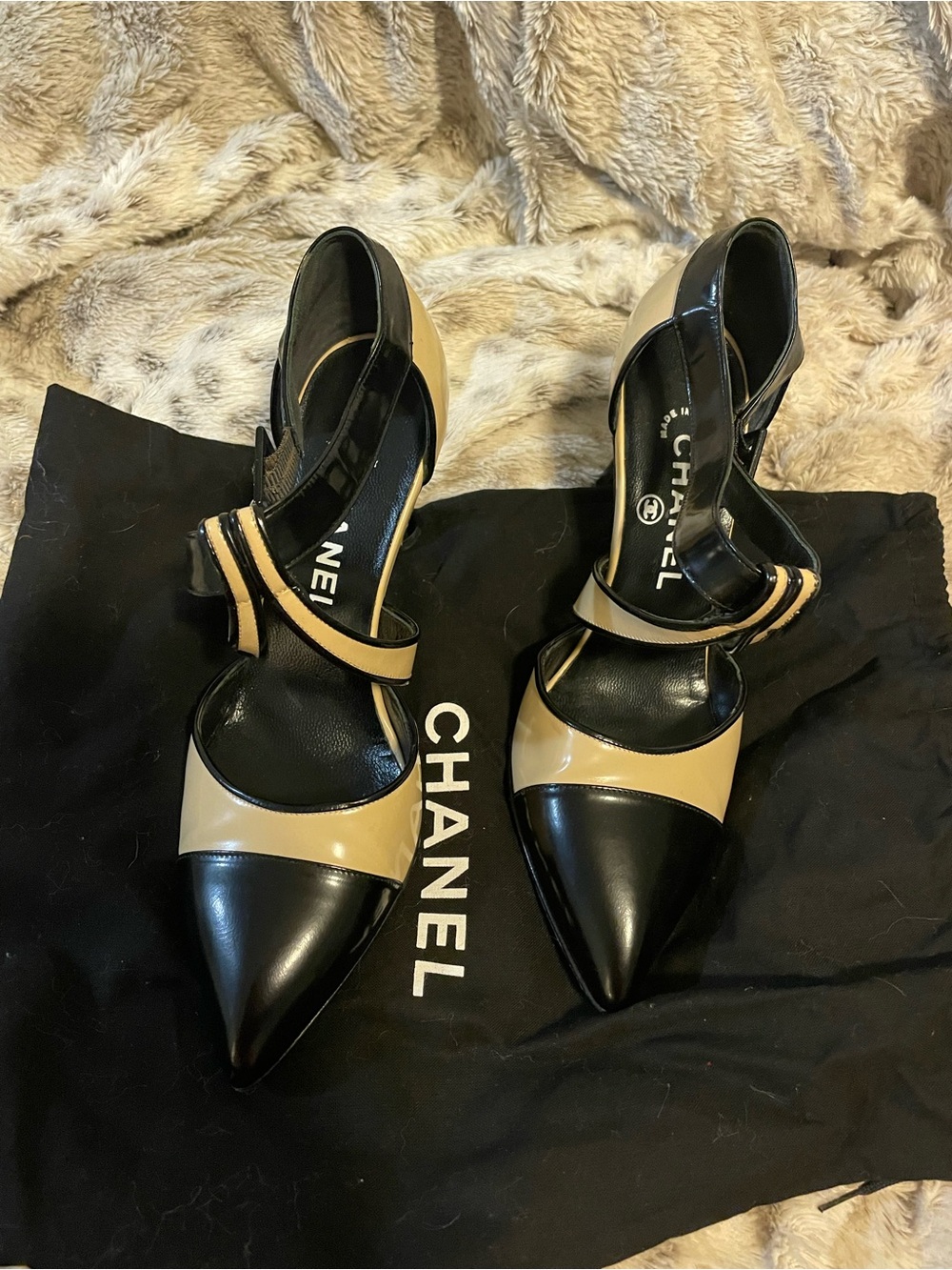 CHANEL Black & Beige Patent Pointed-Toe Ankle-Strap Heels